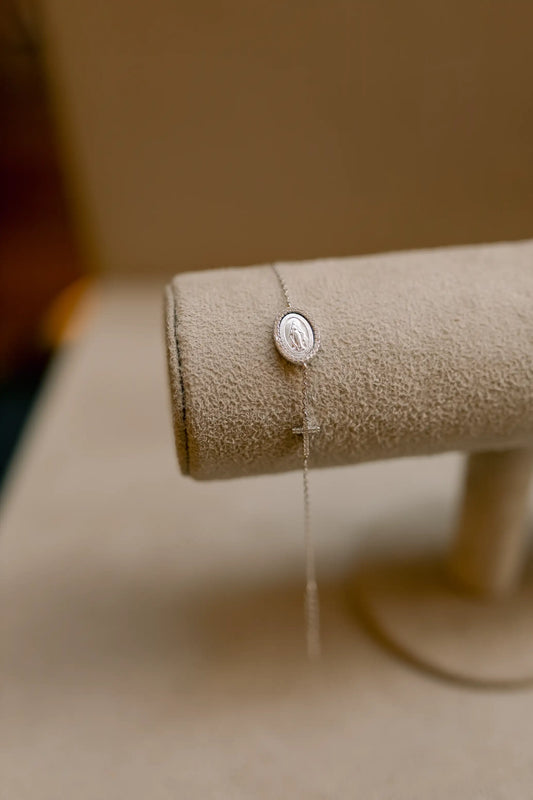 Pulseira Nossa Senhora das Graças Cruz Moissanite Prata 925 Ródio Branco