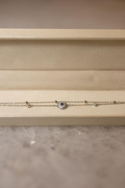 Pulseira Dupla Olho Grego Moissanite Prata 925 Ródio Branco