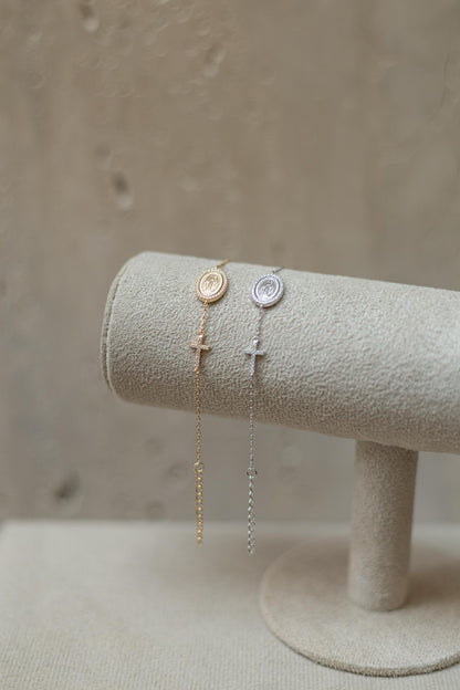 Pulseira Nossa Senhora das Graças Cruz Moissanite Prata 925 Dourado