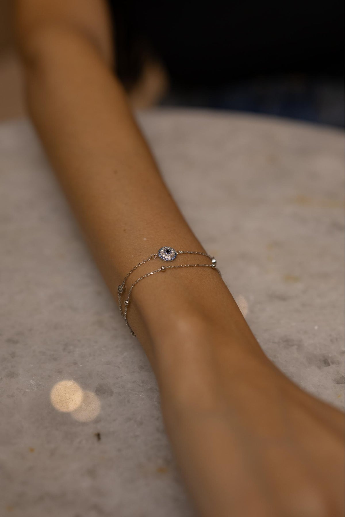 Pulseira Dupla Olho Grego Moissanite Prata 925 Ródio Branco