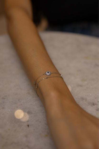 Pulseira Dupla Olho Grego Moissanite Prata 925 Ródio Branco