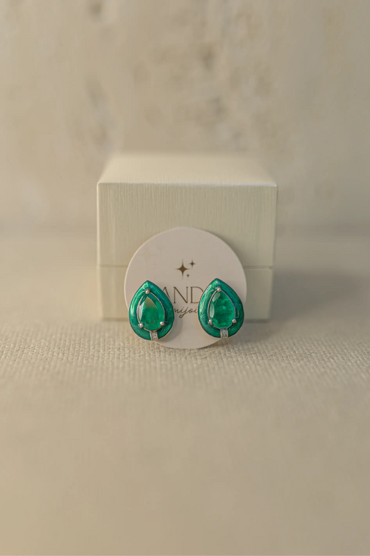 Brinco Gota Verde Esmaltado Ródio Branco