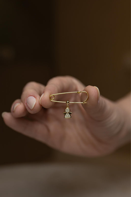 Alfinete Prata 925 Anjo Cravejado Banho de Ouro 18k