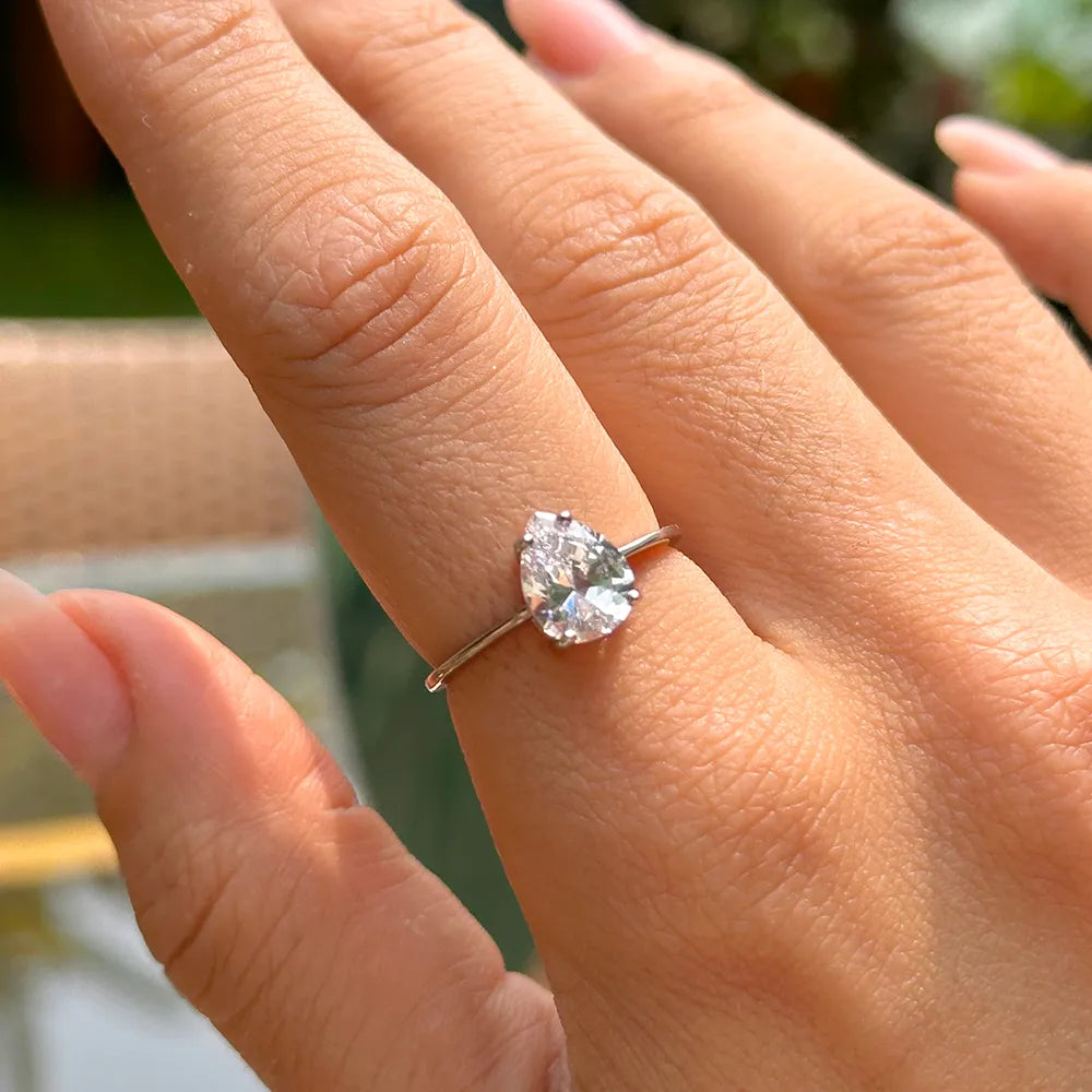 Anel Gota Zircônia Cristal Prata 925 Ródio Branco