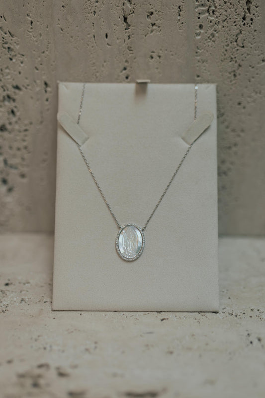 Colar Nossa Senhora de Guadalupe Madrepérola Prata 925 Ródio Branco