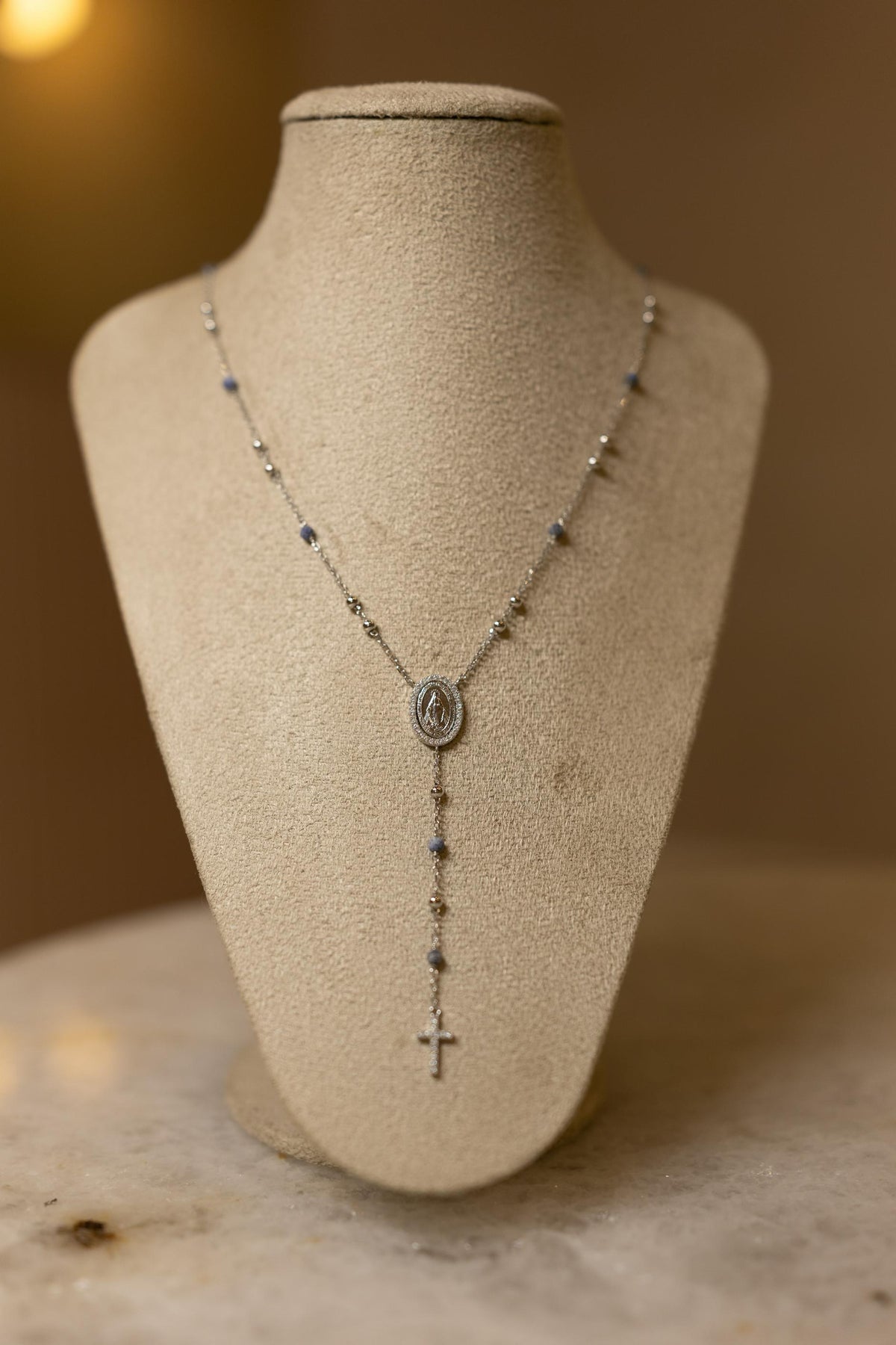 Colar Terço Pedra Azul Nossa Senhora das Graças Prata 925 Ródio Branco