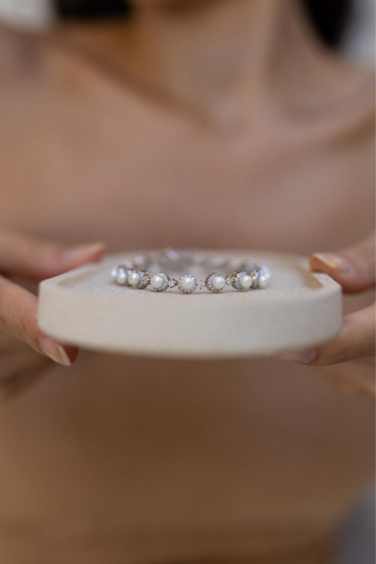 Pulseira Pérola Ponto de Luz  Cristal Ródio Branco