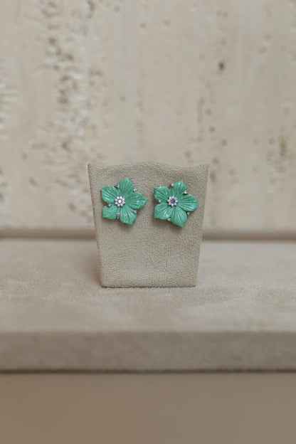 Brinco Flor 5 Pétalas Baquelite Verde Prata 925 Ródio Branco