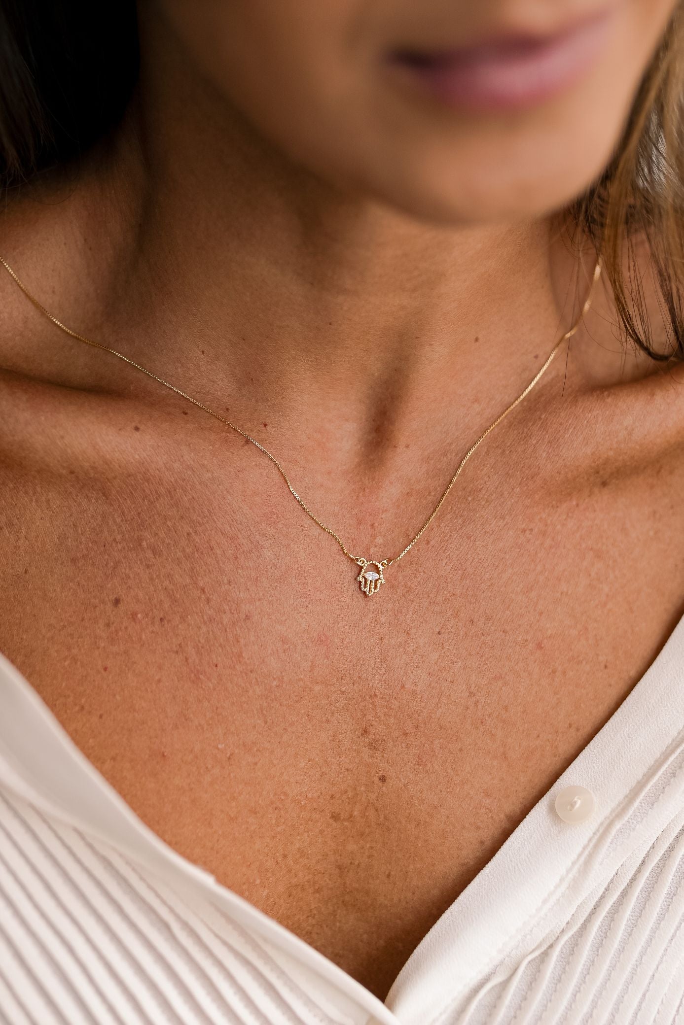 Colar Escapulário Olho Grego e Mão Hamsá Dourado