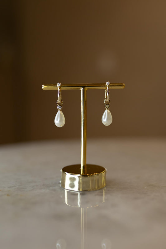 Brinco Argola 2 Zircônias Pérola Gota Dourado