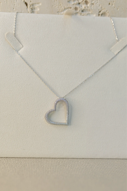 Colar Coração Vazado Cristal Ródio Branco