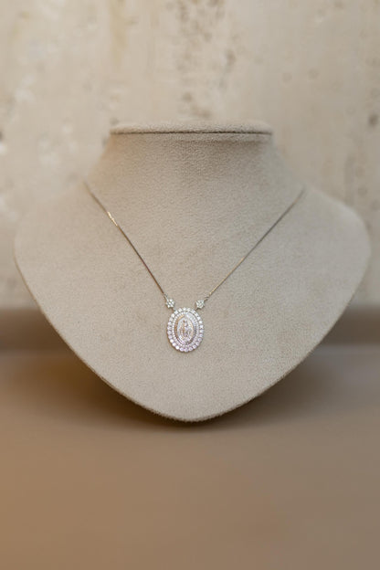 Colar Nossa Senhora das Graças Flores Prata 925 Ródio Branco