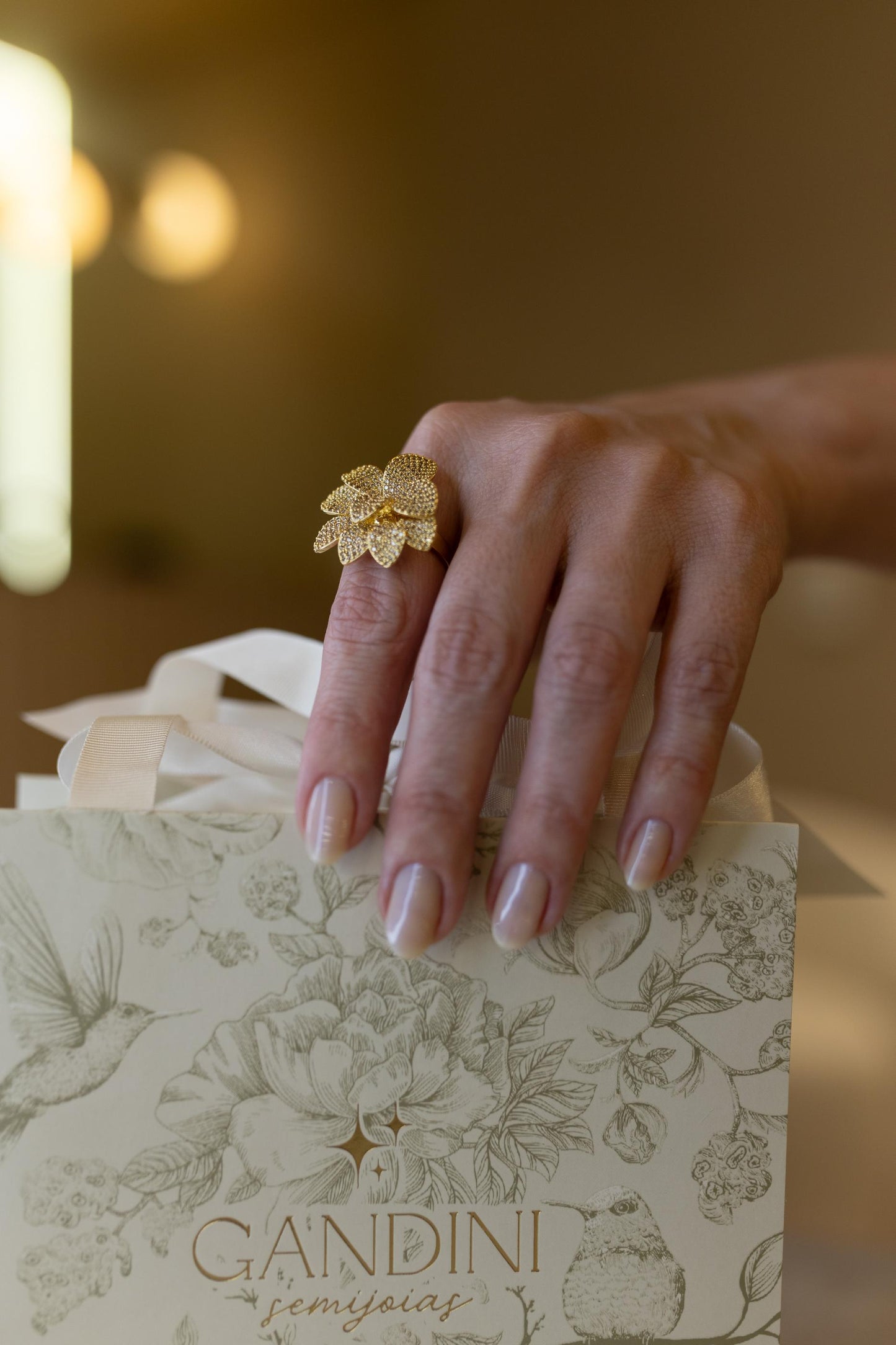 Anel Flor Duo Cravejado Dourado
