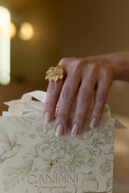 Anel Flor Duo Cravejado Dourado