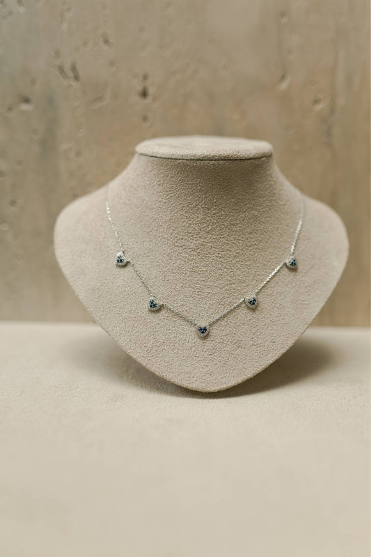 Choker 5 Corações Azul Ródio Branco