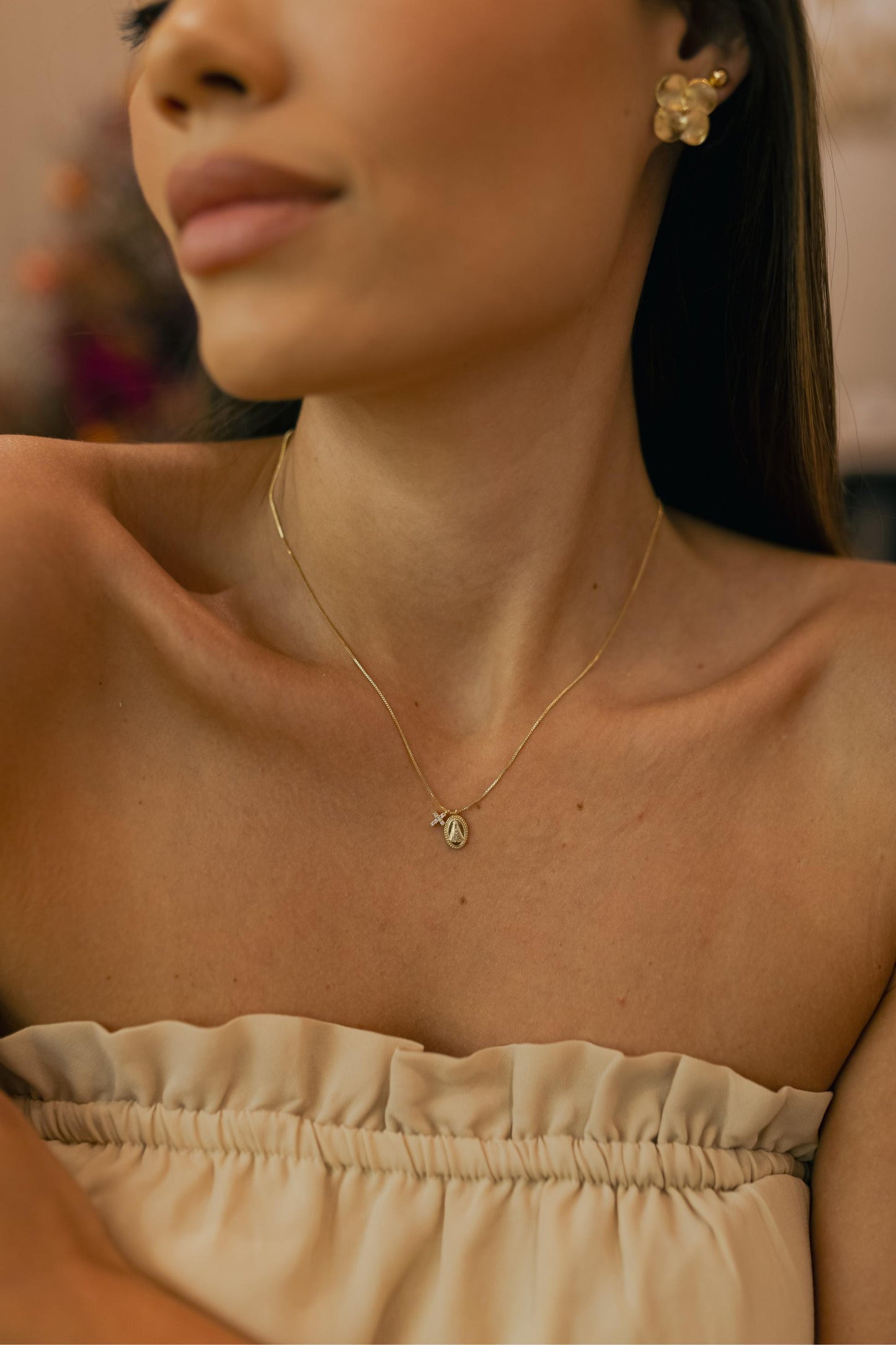 Colar Nossa Senhora Aparecida Cruz Cravejada Dourado