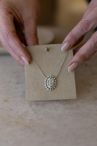 Colar Nossa Senhora das Graças 3 Pontas Moissanite Prata 925 Ródio Branco