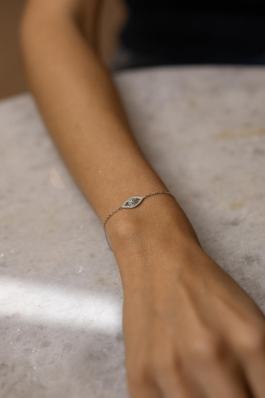 Pulseira Olho Grego Moissanite Prata 925 Ródio Branco