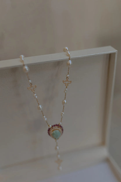 Colar Terço Gota Cravejada Pedras Naturais Dourado