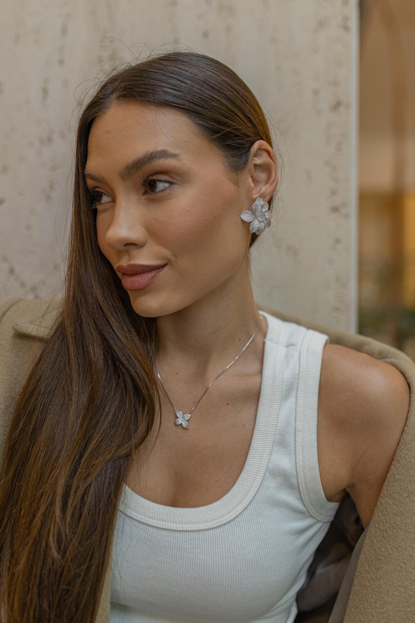 Brinco Flor Duo Cravejado Ródio Branco