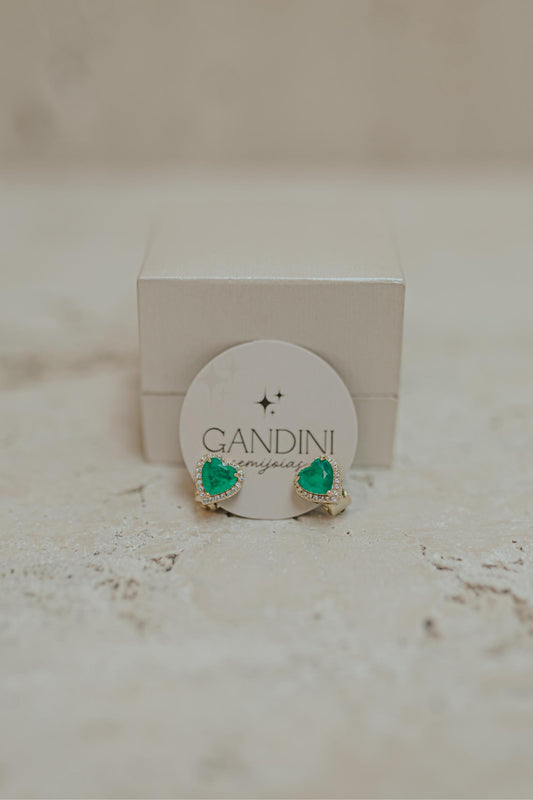 Brinco de Pressão Coração Esmeralda Prata Dourado