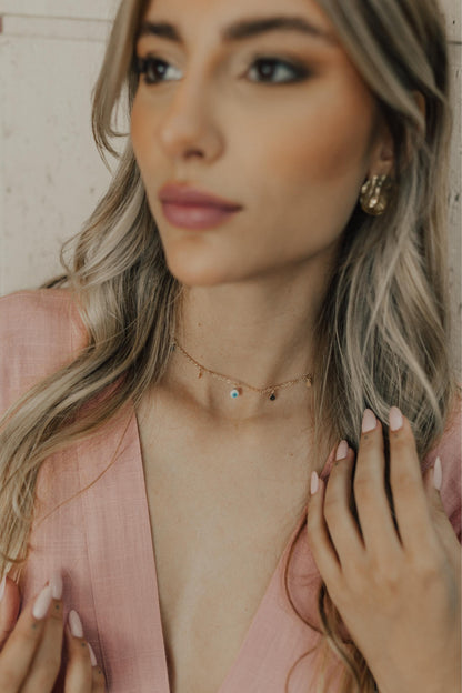 Colar Choker Olho Grego Plaquinhas Dourado