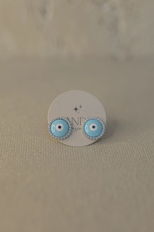 Brinco Olho Grego Resina Azul Cravejado Ródio Branco