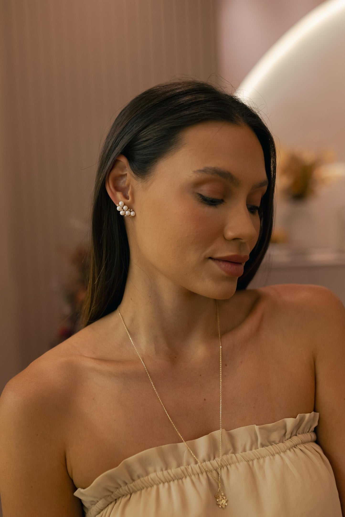 Brinco Ear Cuff Mini Pérolas e Zircônias Cristal Ouro