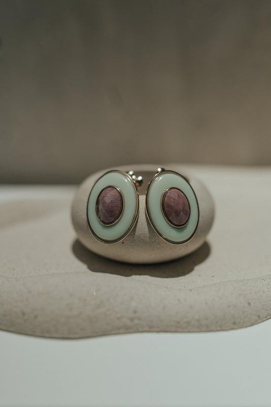 Brinco Oval Verde Rodocrosita Dourado