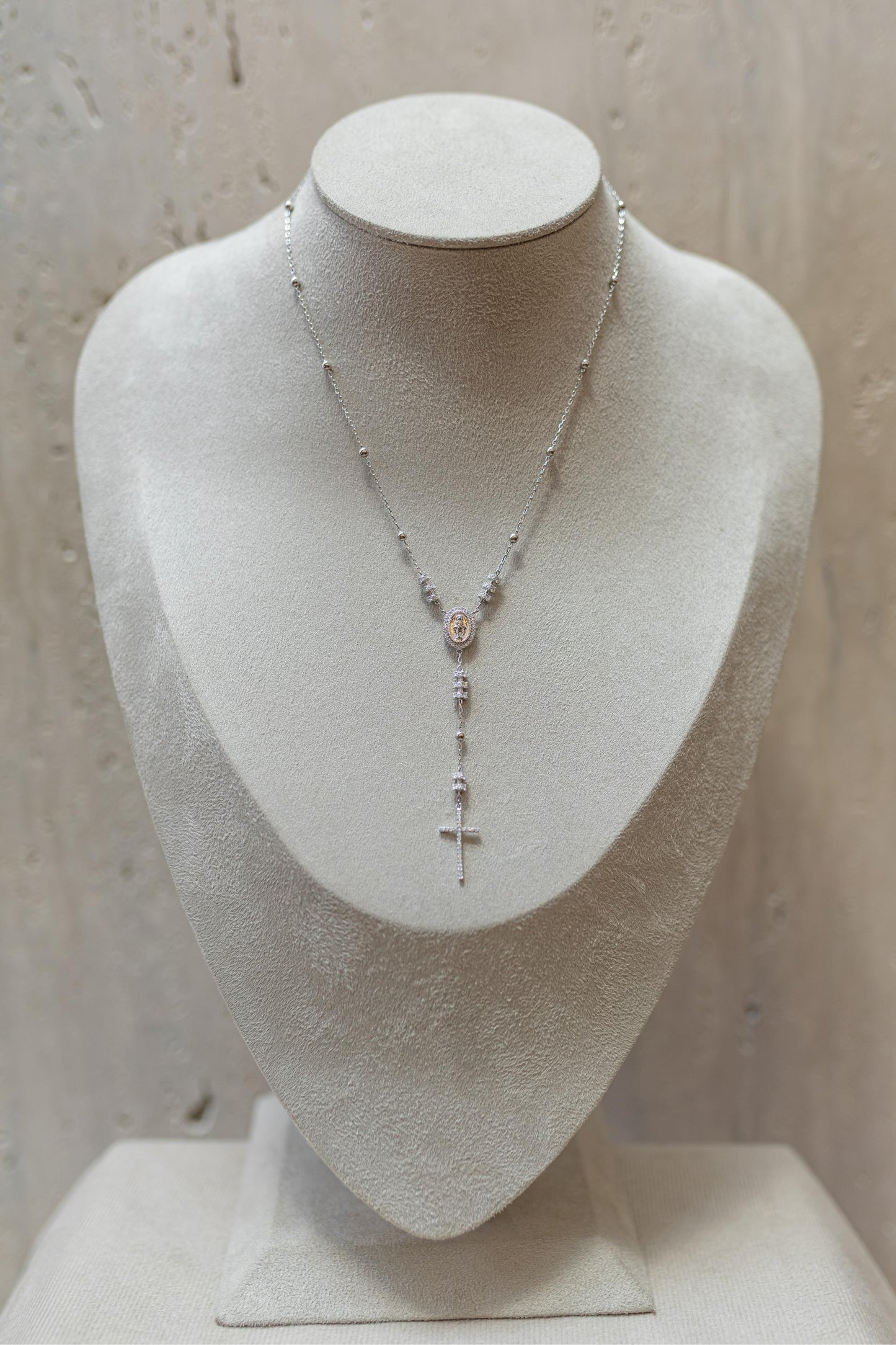 Colar Terço Nossa Senhora das Graças Moissanite Prata 925 Ródio Branco