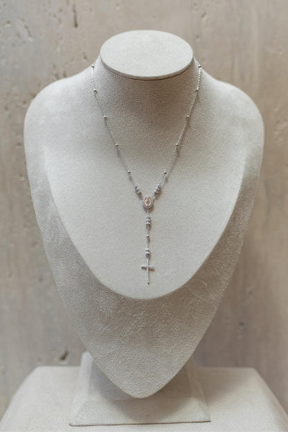 Colar Terço Nossa Senhora das Graças Moissanite Prata 925 Ródio Branco