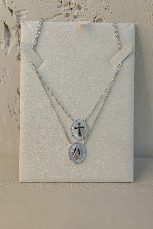 Colar Escapulário Madrepérola Nossa Senhora das Graças Ródio Branco