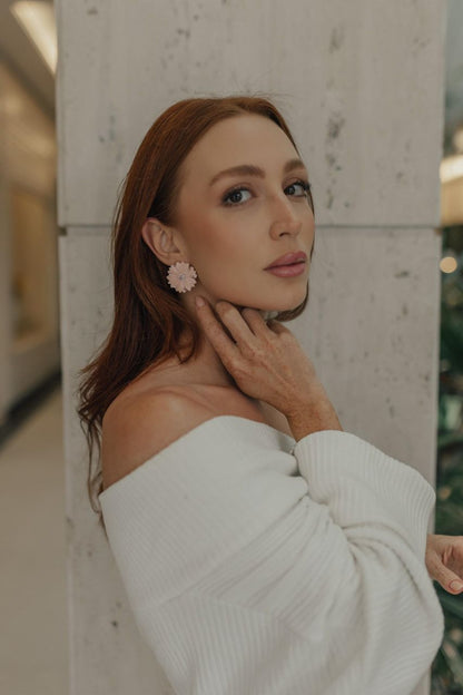 Brinco Flor Rosa Baquelite Prata 925 Ródio Branco