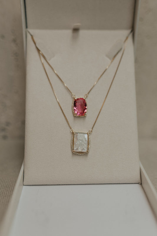 Colar Escapulário Madrepérola Safira Rosa Dourado