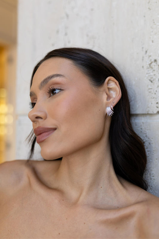 Brinco Ear Cuff 5 Fileiras Cravejadas Ródio Branco