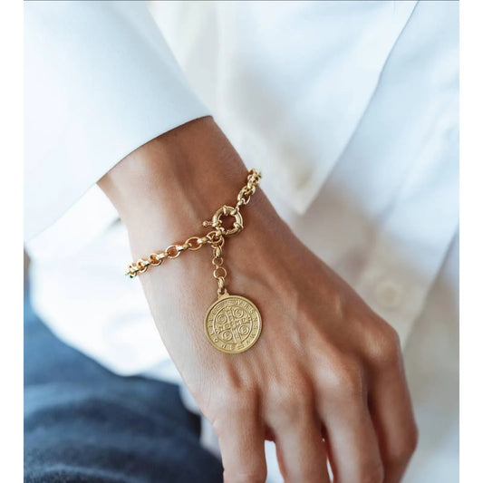 Pulseira Elos Português e Medalha de São Bento Dourado