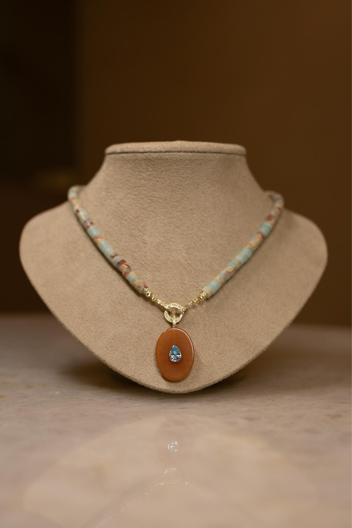 Colar Sunstone Cristal Água Marinha Jasper Dourado