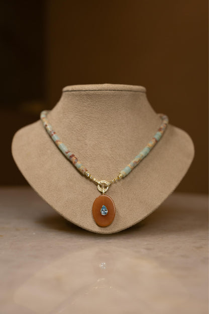 Colar Sunstone Cristal Água Marinha Jasper Dourado