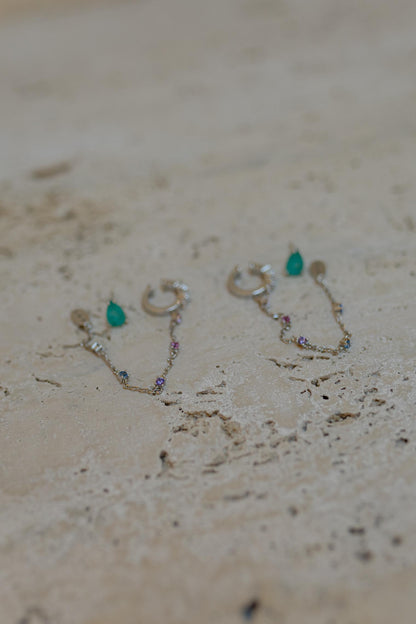 Brinco 2 em 1 Gota Turmalina Fusion Piercing Fake Ródio Branco