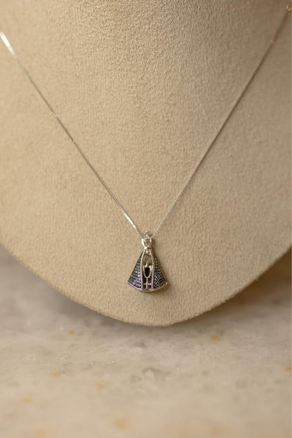 Colar Nossa Senhora Aparecida Moissanite Dupla Face Ródio Branco