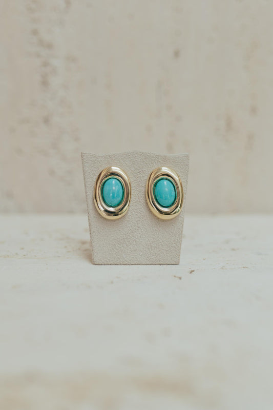 Brinco Oval Turquesa Dourado