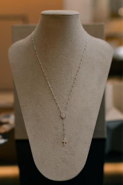 Colar Terço Nossa Senhora de Fátima Ródio Branco