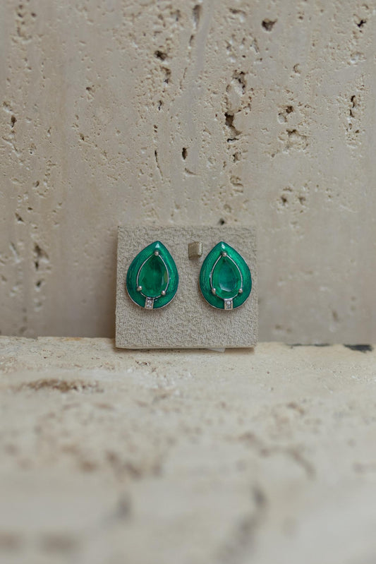 Brinco Gota Verde Esmaltado Ródio Branco