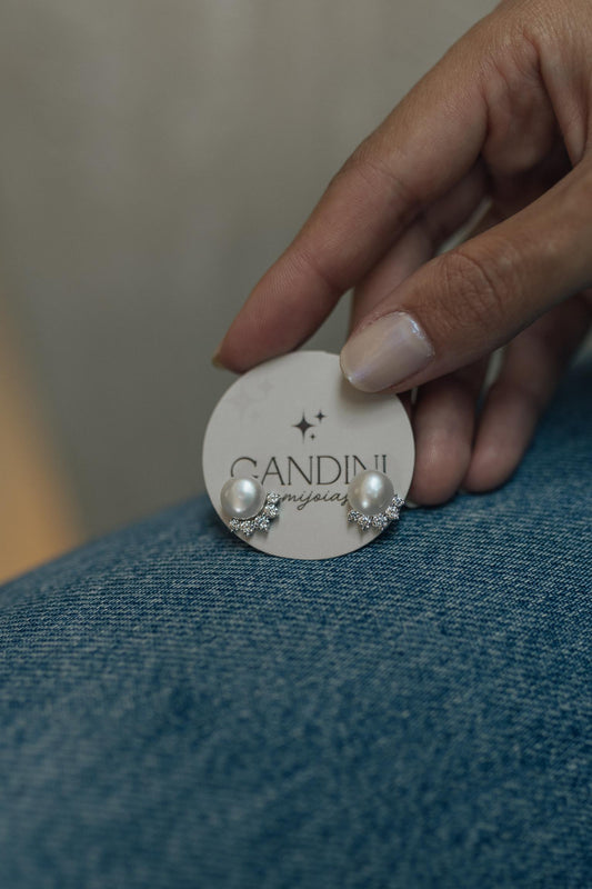 Brinco Pérola de Água Doce com 5 Zircônias Prata 925 Ródio Branco