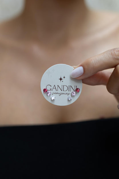 Kit 3 Brincos Ponto De Luz Pink Prata 925 Ródio Branco