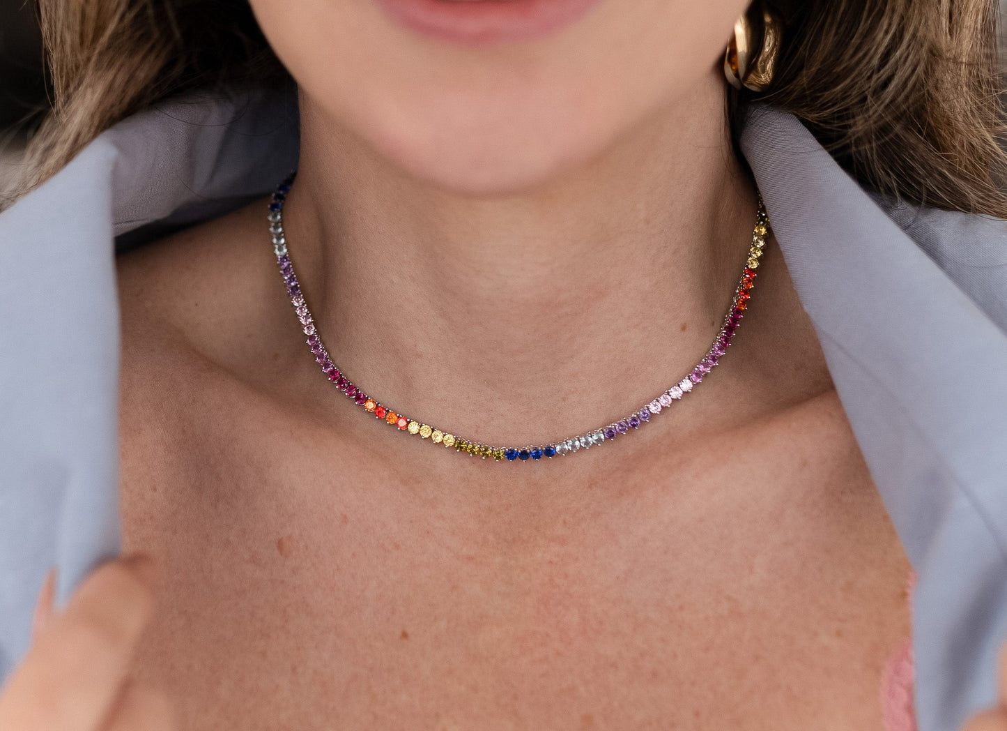 Colar Riviera 3 pontas Rainbow Ródio Branco