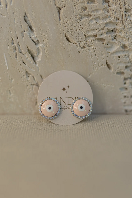 Brinco Olho Grego Resina Rosa Cravejado Ródio Branco