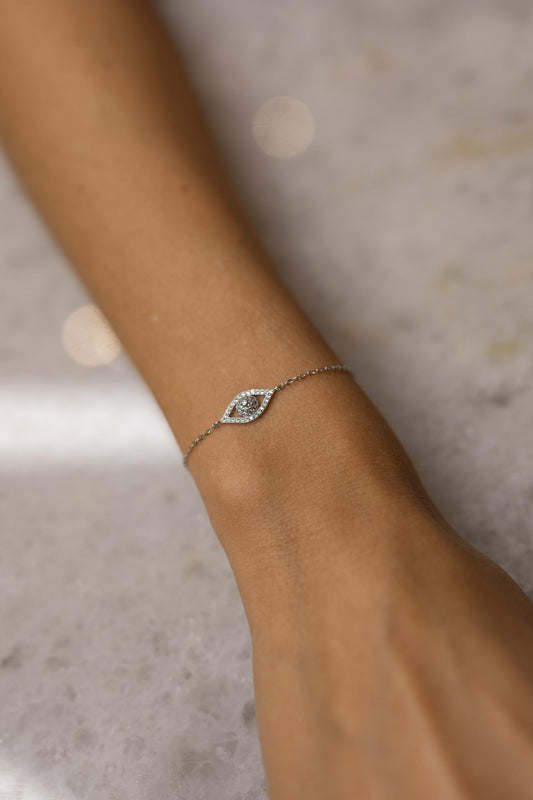 Pulseira Olho Grego Moissanite Prata 925 Ródio Branco