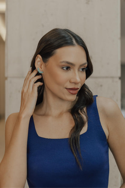 Brinco Ear Cuff Esmeralda Colombiana Ródio Branco