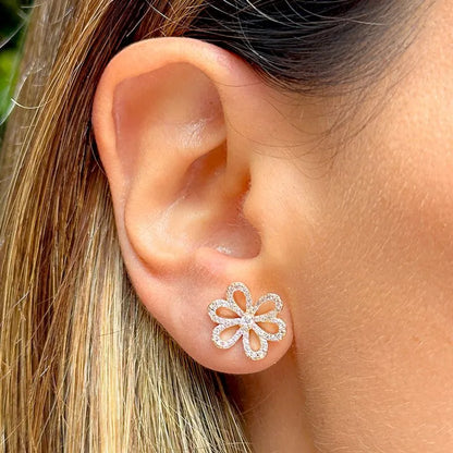 Brinco Flor Vazada Cristal Dourado